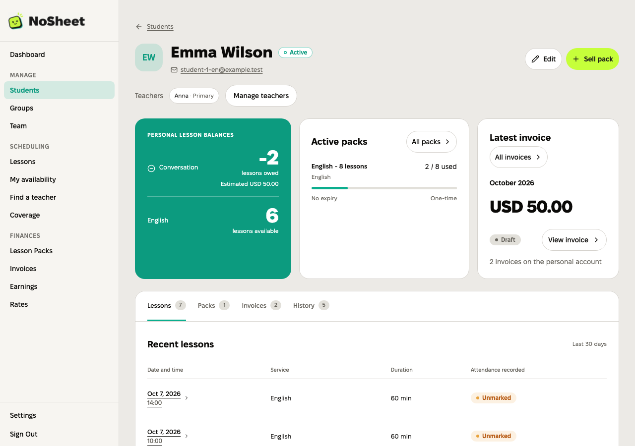 Client prepaid lessons and balances by service.