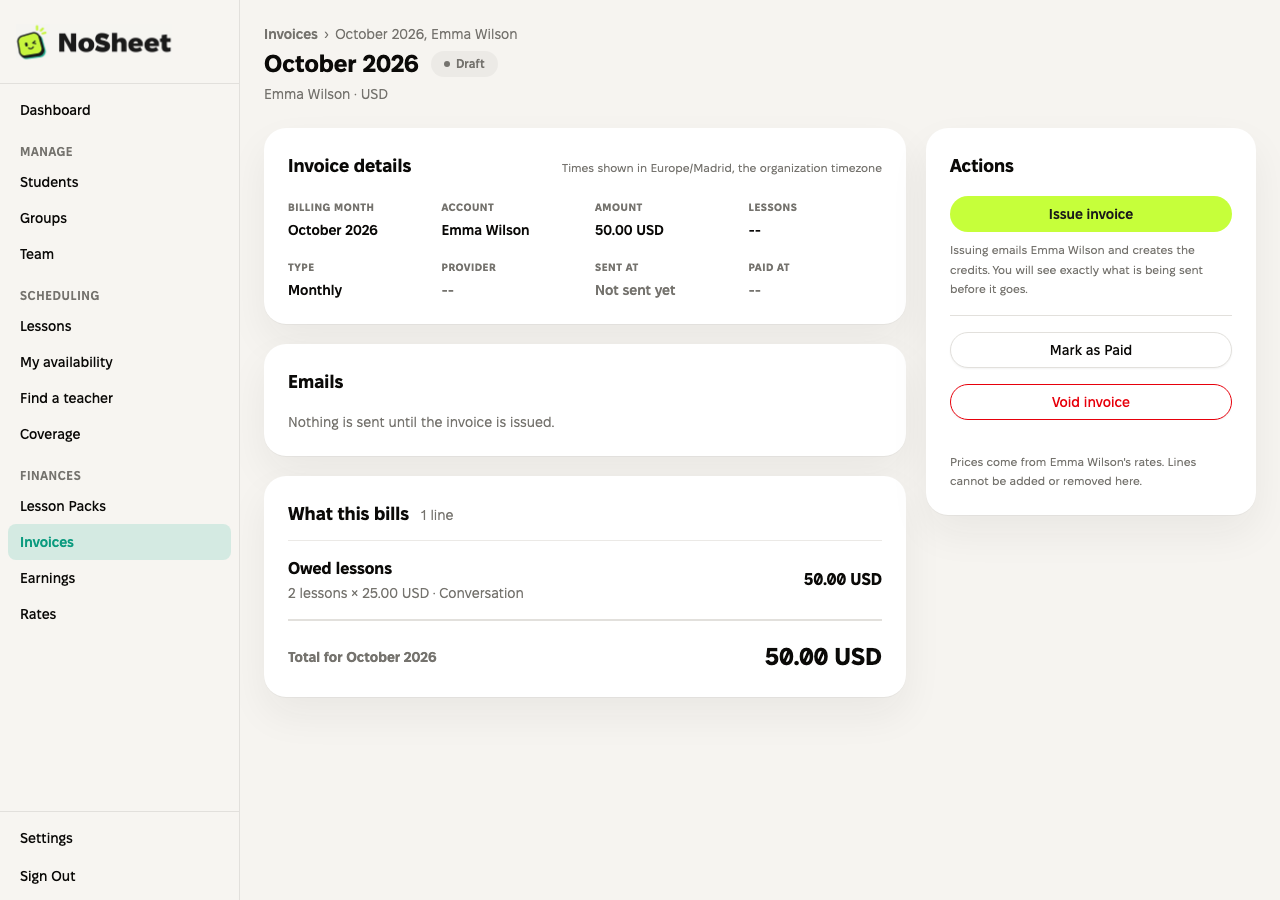 Invoice review for a school client in NoSheet. Demo data.